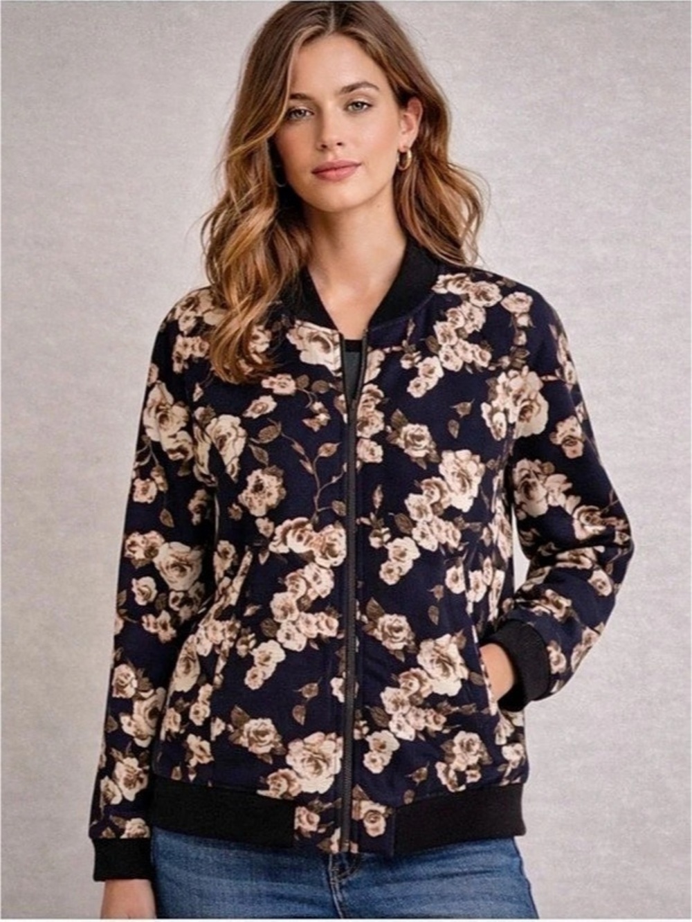Romeo + Juliet Couture Floral Bomber Jacket in Black & Pink Size Large